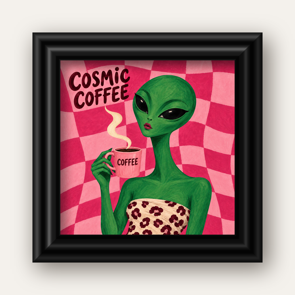 Cosmic Coffee Uzaylı Kahve Poster – Renkli İllüstrasyon Duvar Sanatı — siyah galeri çerçeveli