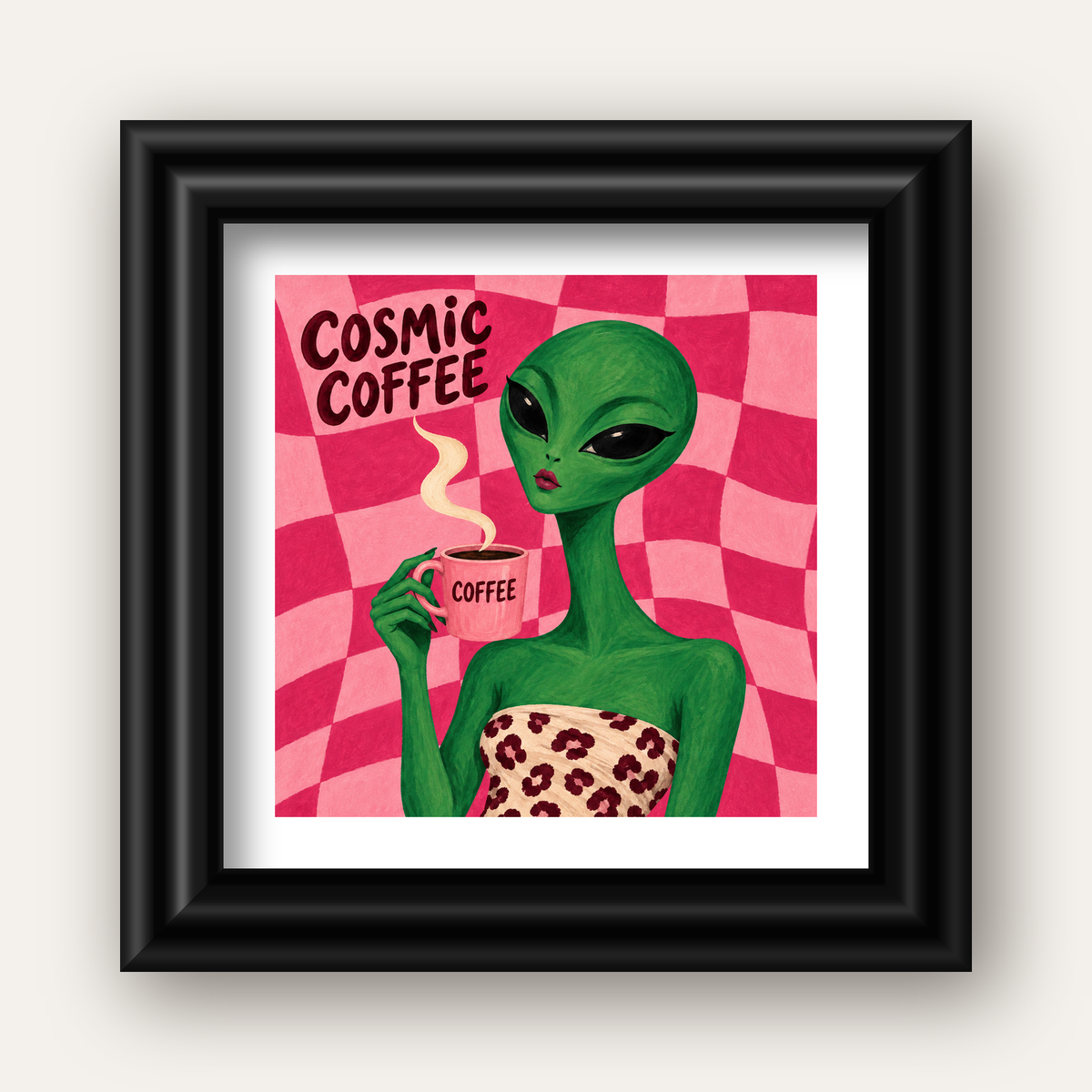 Cosmic Coffee Uzaylı Kahve Poster – Renkli İllüstrasyon Duvar Sanatı — siyah galeri çerçeveli paspartulu