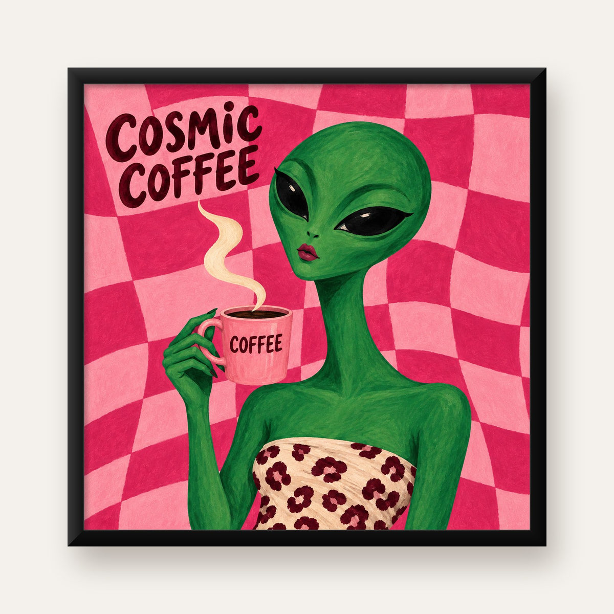 Cosmic Coffee Uzaylı Kahve Poster – Renkli İllüstrasyon Duvar Sanatı — Kare baskı, düz siyah çerçeveli duvar posteri
