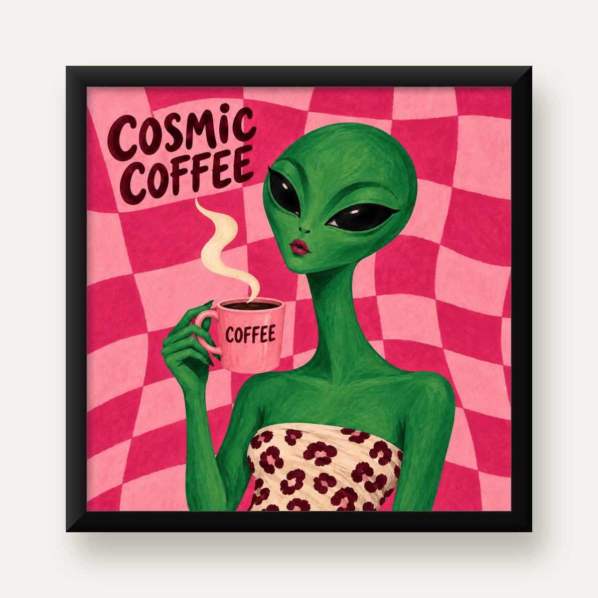 Cosmic Coffee Uzaylı Kahve Poster – Renkli İllüstrasyon Duvar Sanatı — Kare baskı, düz siyah çerçeveli duvar posteri