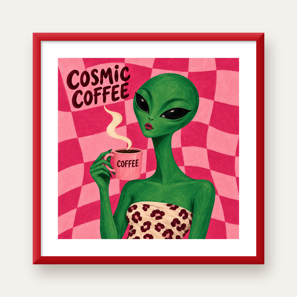 Cosmic Coffee Uzaylı Kahve Poster – Renkli İllüstrasyon Duvar Sanatı — kırmızı çerçeveli paspartulu