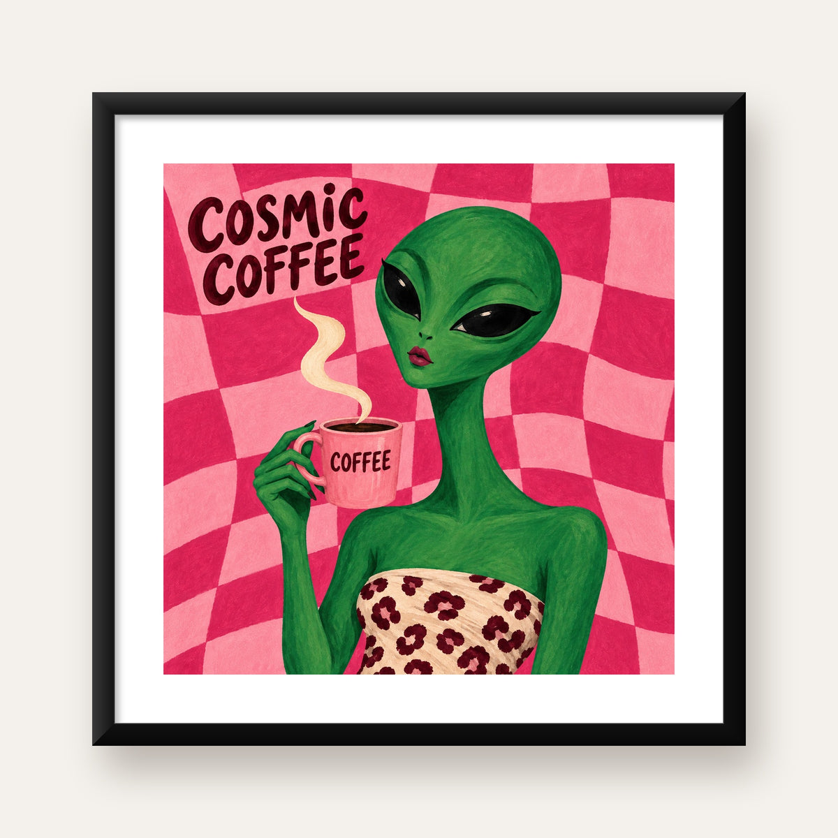 Cosmic Coffee Uzaylı Kahve Poster – Renkli İllüstrasyon Duvar Sanatı — Kare baskı, beyaz paspartulu