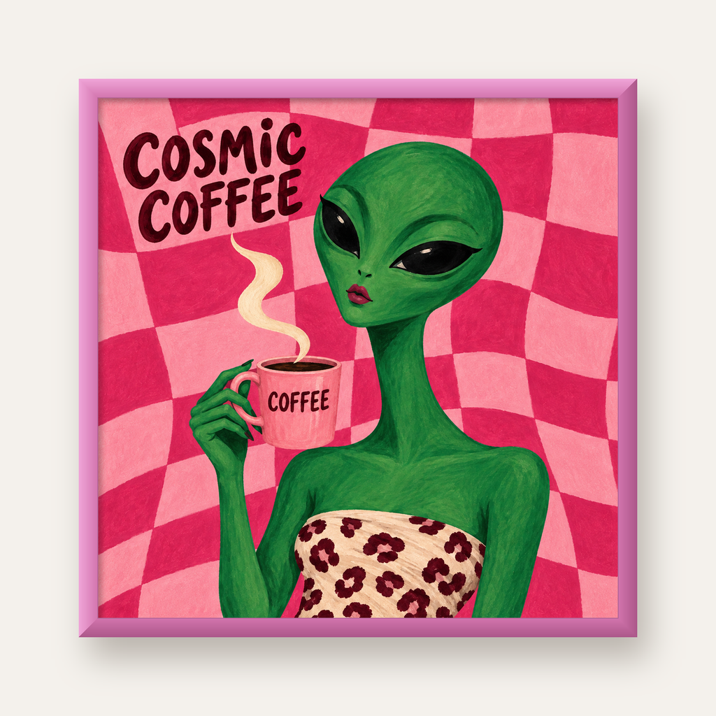 Cosmic Coffee Uzaylı Kahve Poster – Renkli İllüstrasyon Duvar Sanatı — pembe çerçeveli