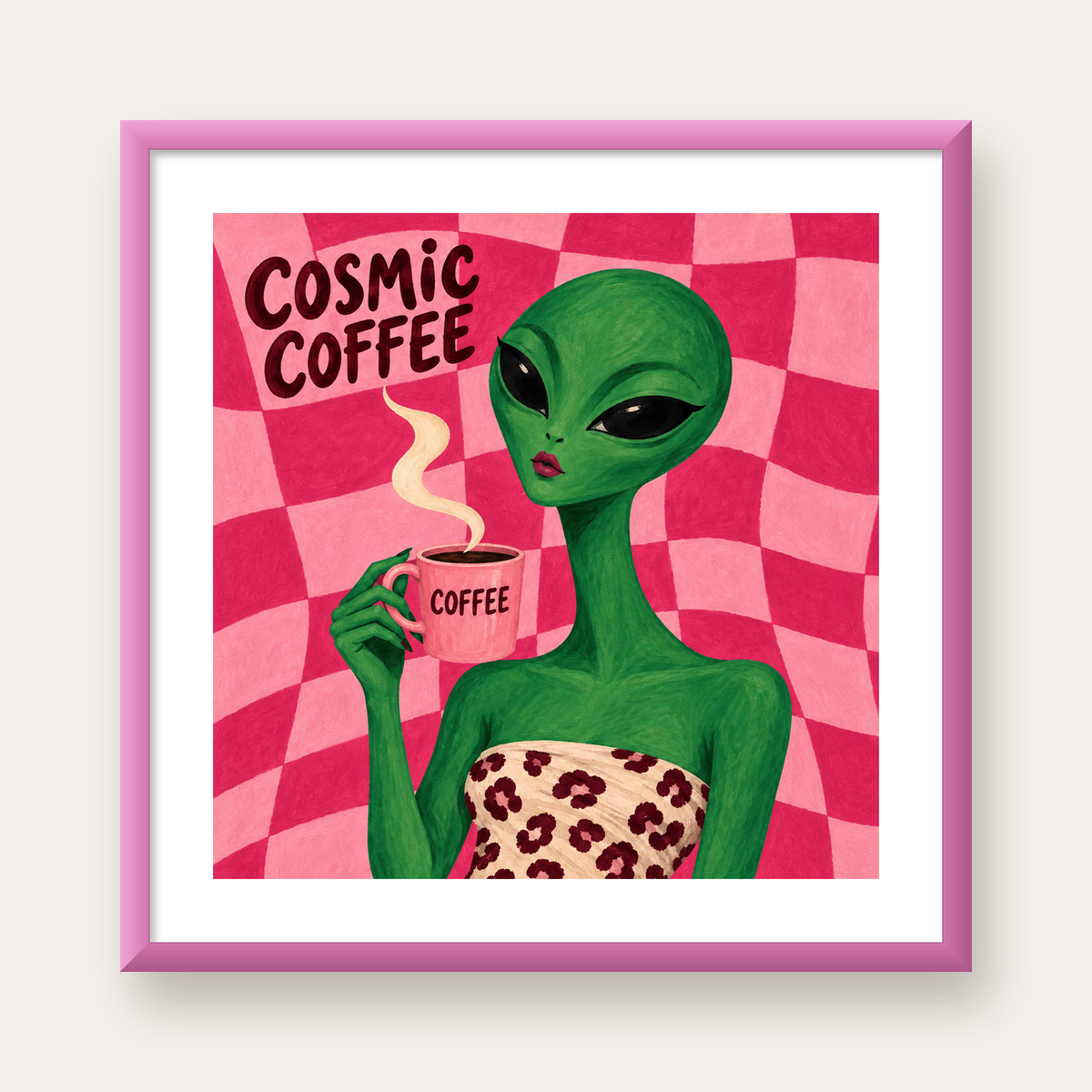 Cosmic Coffee Uzaylı Kahve Poster – Renkli İllüstrasyon Duvar Sanatı — pembe çerçeveli paspartulu