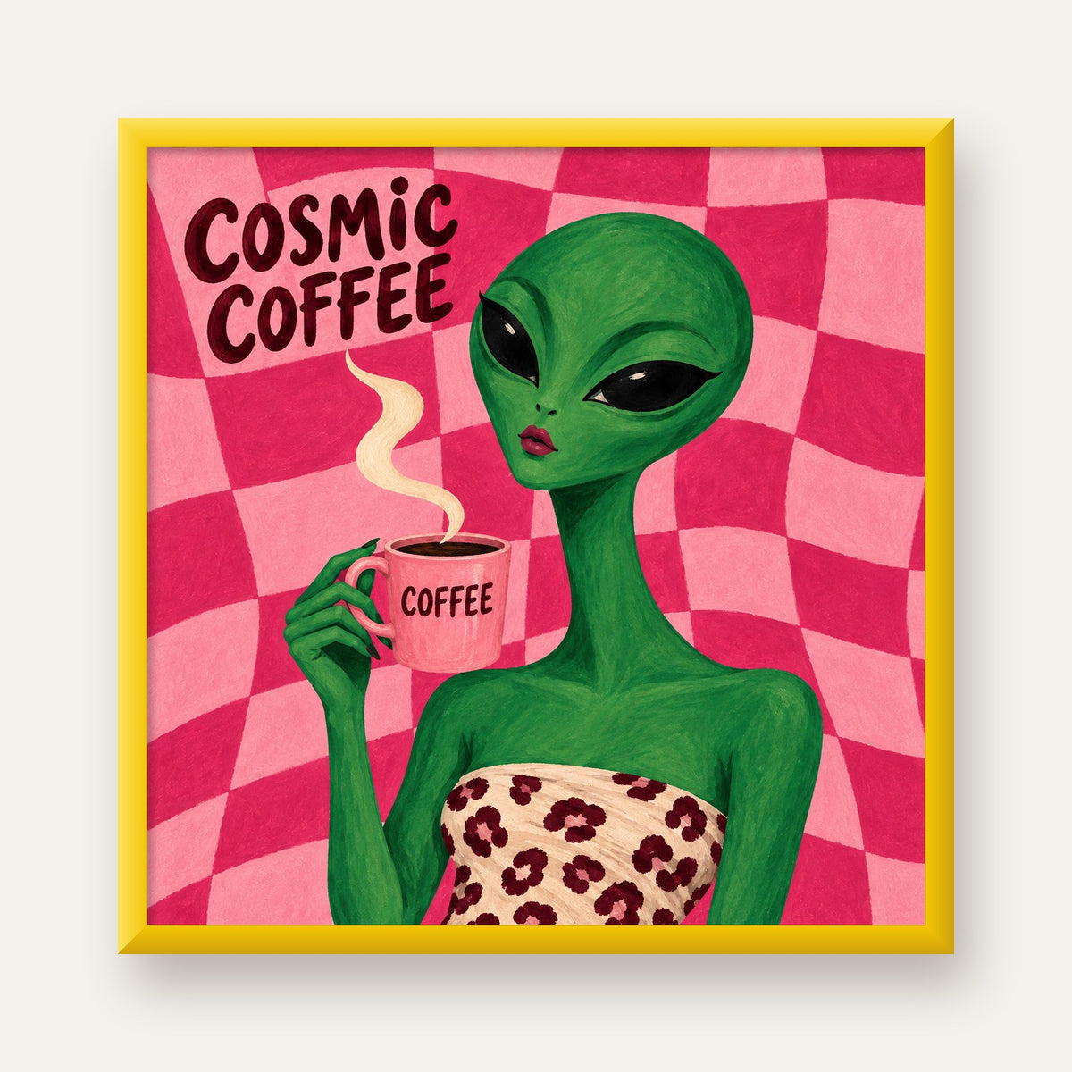 Cosmic Coffee Uzaylı Kahve Poster – Renkli İllüstrasyon Duvar Sanatı — sarı çerçeveli