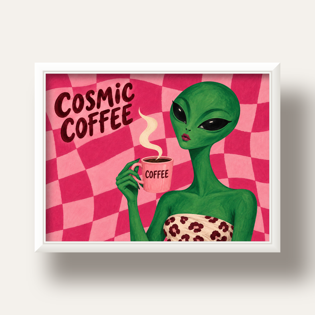 Cosmic Coffee Uzaylı Kahve Poster – Renkli İllüstrasyon Duvar Sanatı — beyaz derin çerçeveli