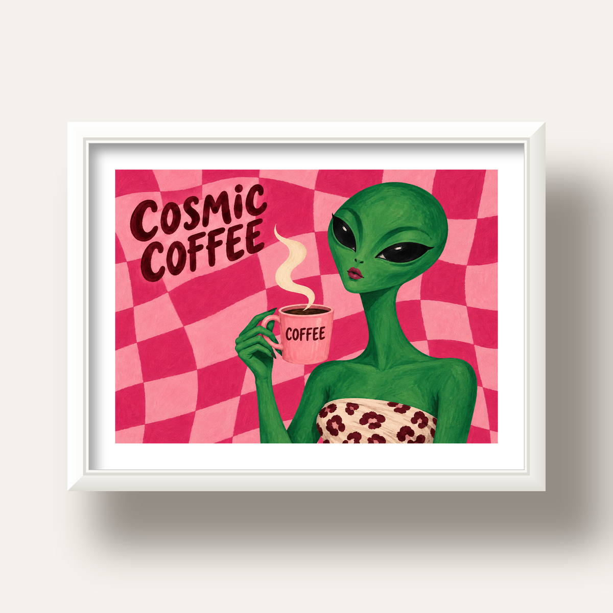 Cosmic Coffee Uzaylı Kahve Poster – Renkli İllüstrasyon Duvar Sanatı — beyaz derin çerçeveli paspartulu