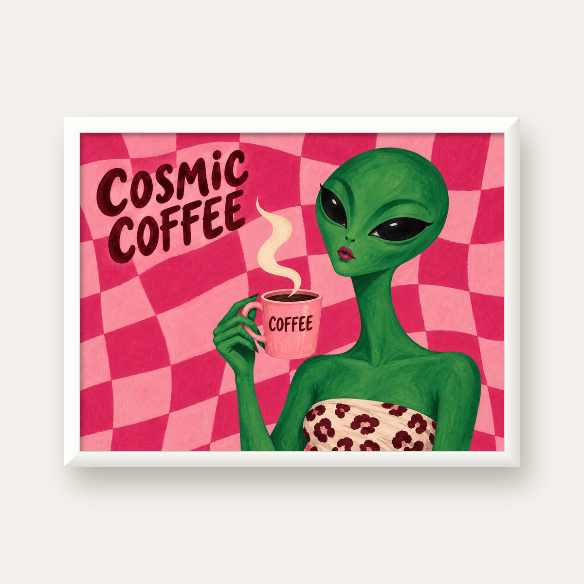 Cosmic Coffee Uzaylı Kahve Poster – Renkli İllüstrasyon Duvar Sanatı — beyaz çerçeveli yatay poster