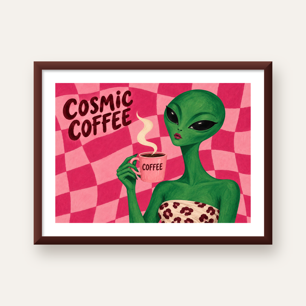 Cosmic Coffee Uzaylı Kahve Poster – Renkli İllüstrasyon Duvar Sanatı — ceviz çerçeveli paspartulu