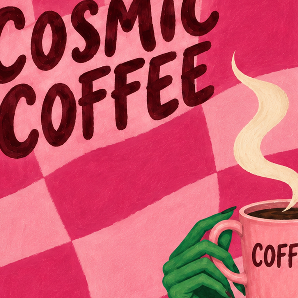 Cosmic Coffee Uzaylı Kahve Poster – Renkli İllüstrasyon Duvar Sanatı — baskının yakın çekimi, kâğıt dokusu ve renk detayı