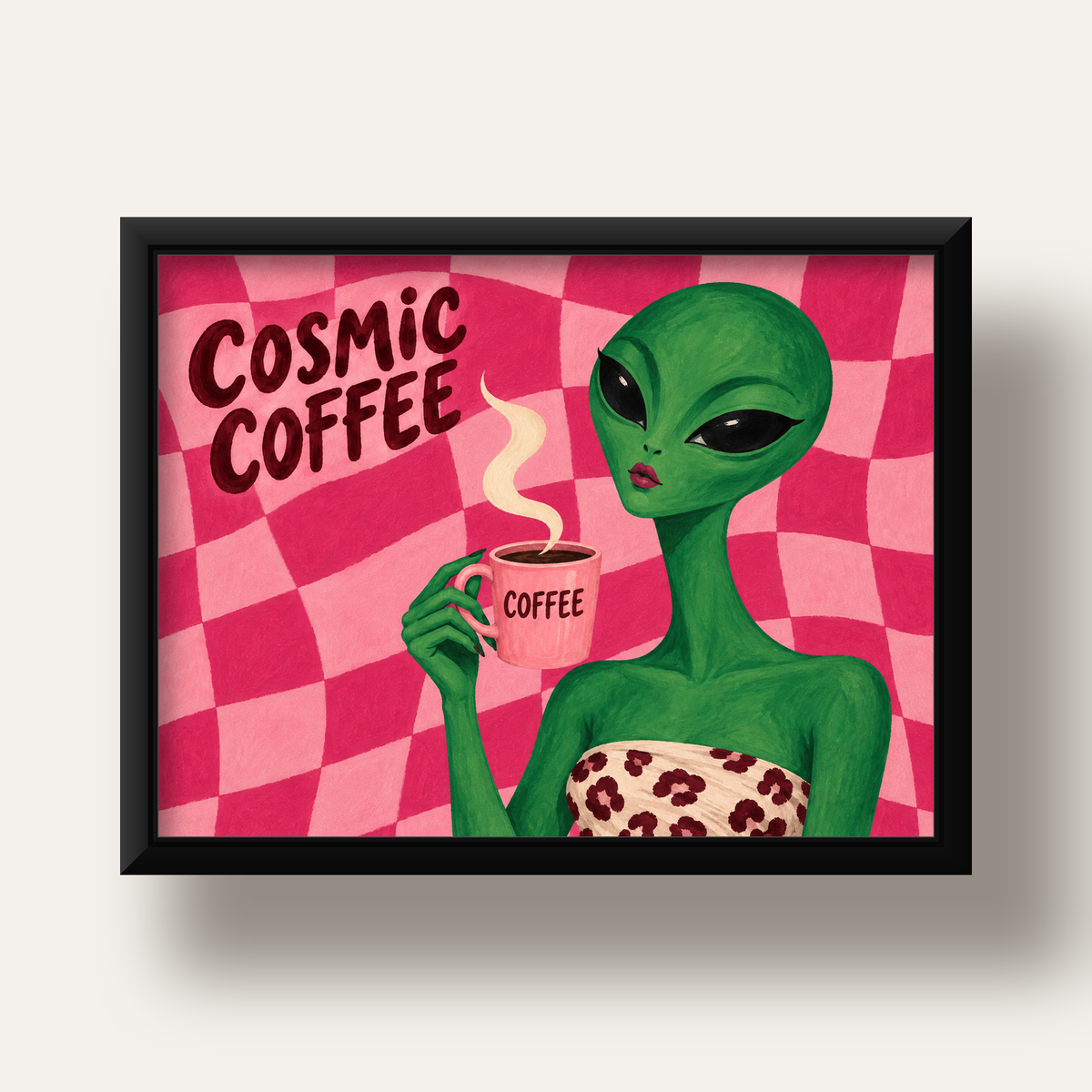 Cosmic Coffee Uzaylı Kahve Poster – Renkli İllüstrasyon Duvar Sanatı — siyah derin çerçeveli