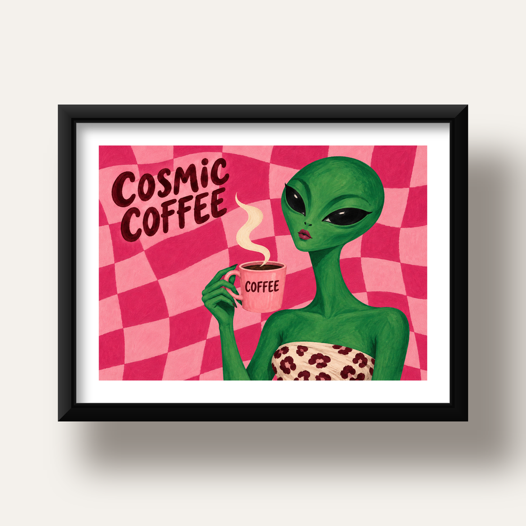 Cosmic Coffee Uzaylı Kahve Poster – Renkli İllüstrasyon Duvar Sanatı — siyah derin çerçeveli paspartulu