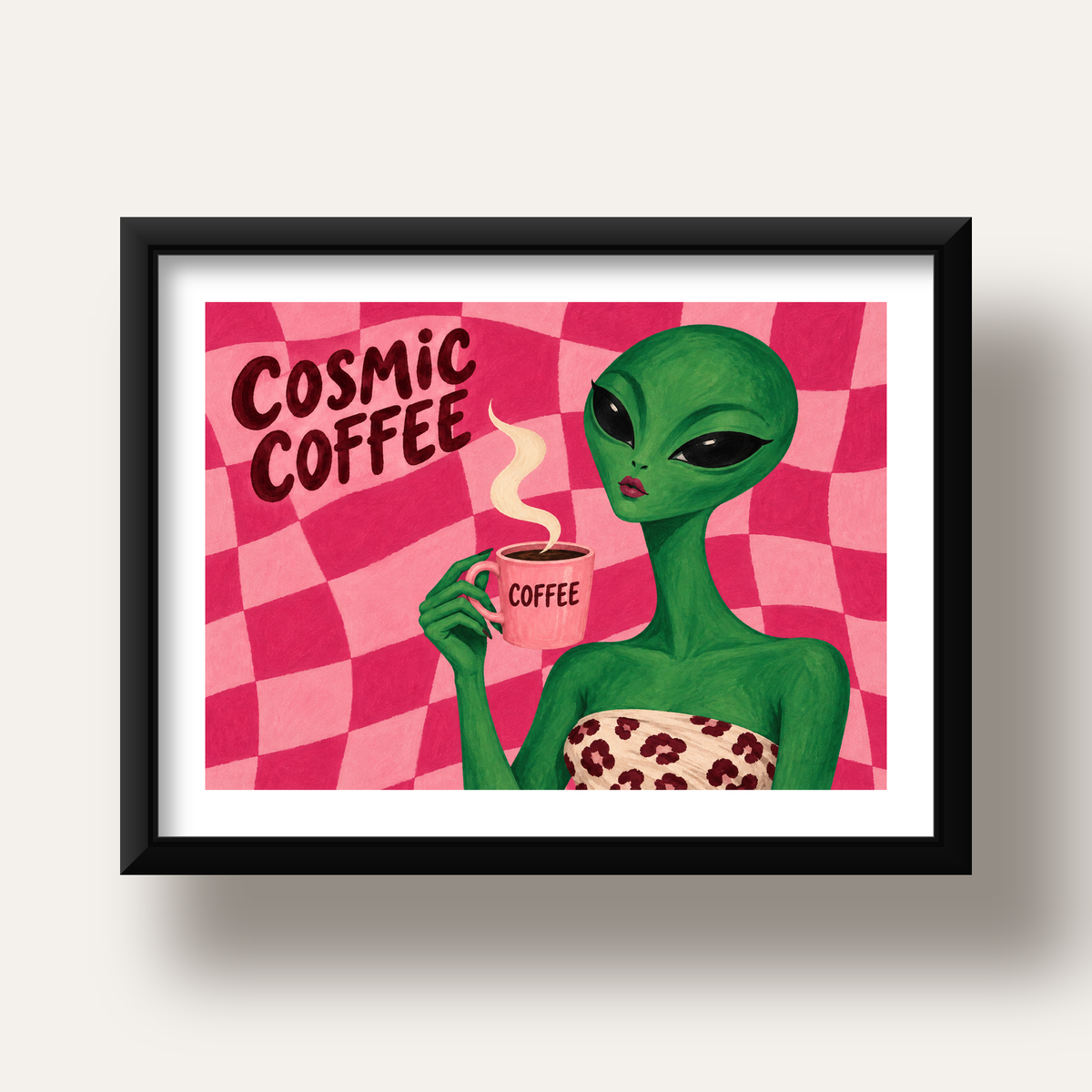 Cosmic Coffee Uzaylı Kahve Poster – Renkli İllüstrasyon Duvar Sanatı — siyah derin çerçeveli paspartulu