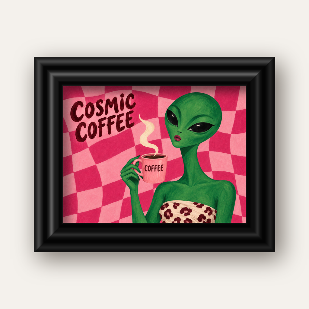 Cosmic Coffee Uzaylı Kahve Poster – Renkli İllüstrasyon Duvar Sanatı — siyah galeri çerçeveli
