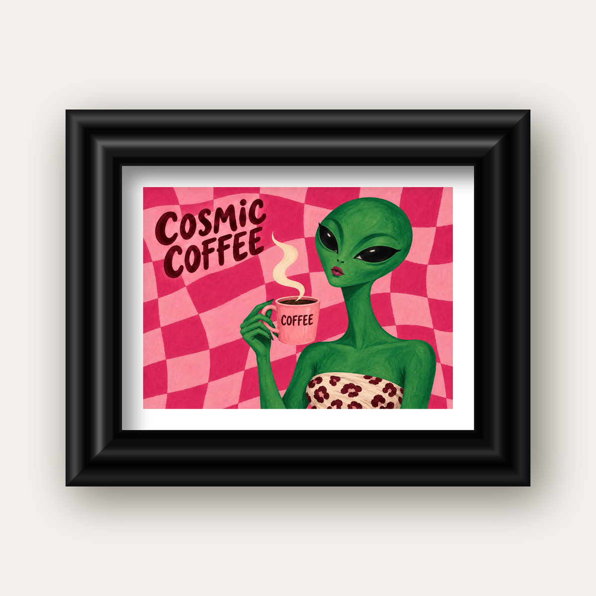 Cosmic Coffee Uzaylı Kahve Poster – Renkli İllüstrasyon Duvar Sanatı — siyah galeri çerçeveli paspartulu