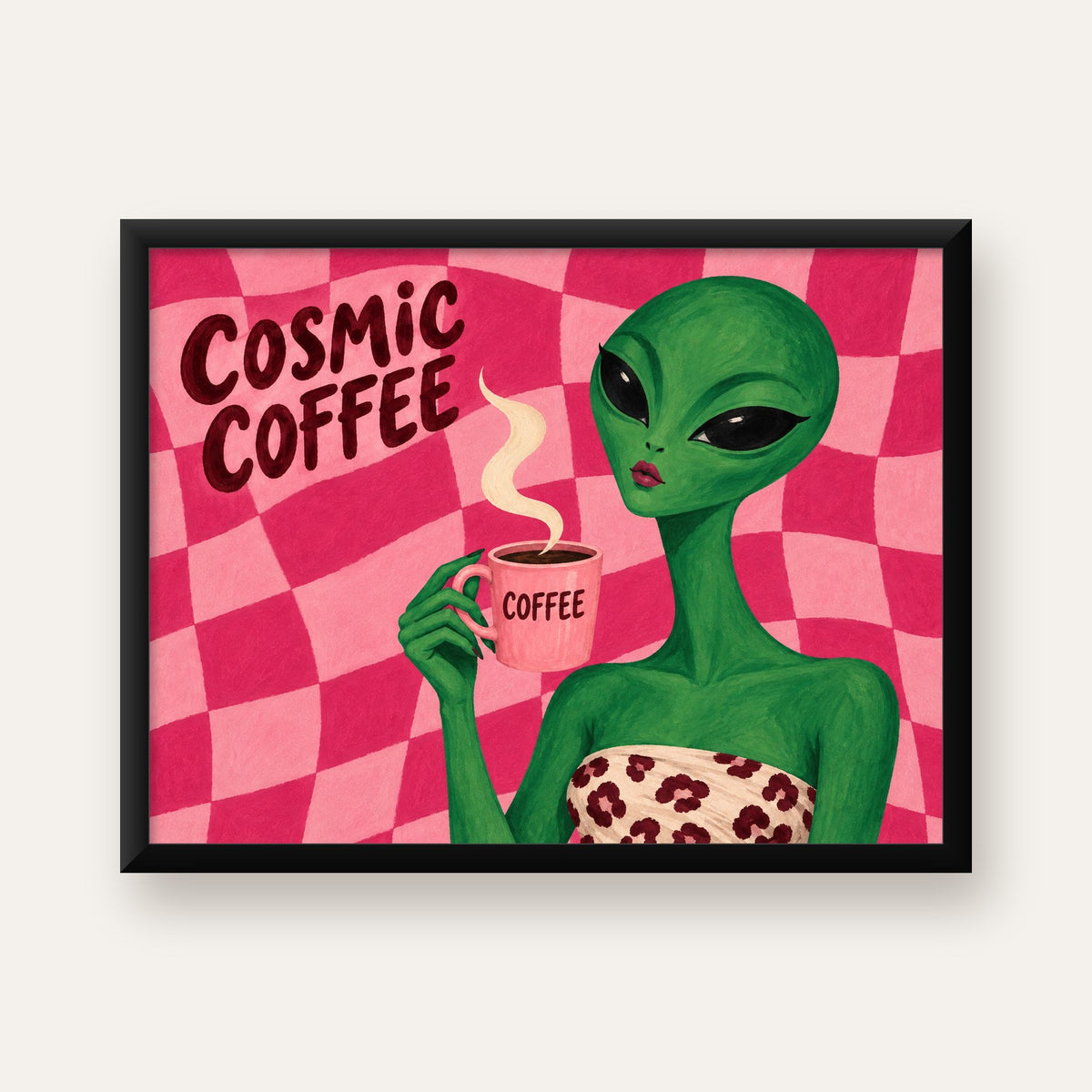 Cosmic Coffee Uzaylı Kahve Poster – Renkli İllüstrasyon Duvar Sanatı — Yatay baskı, düz siyah çerçeveli duvar posteri