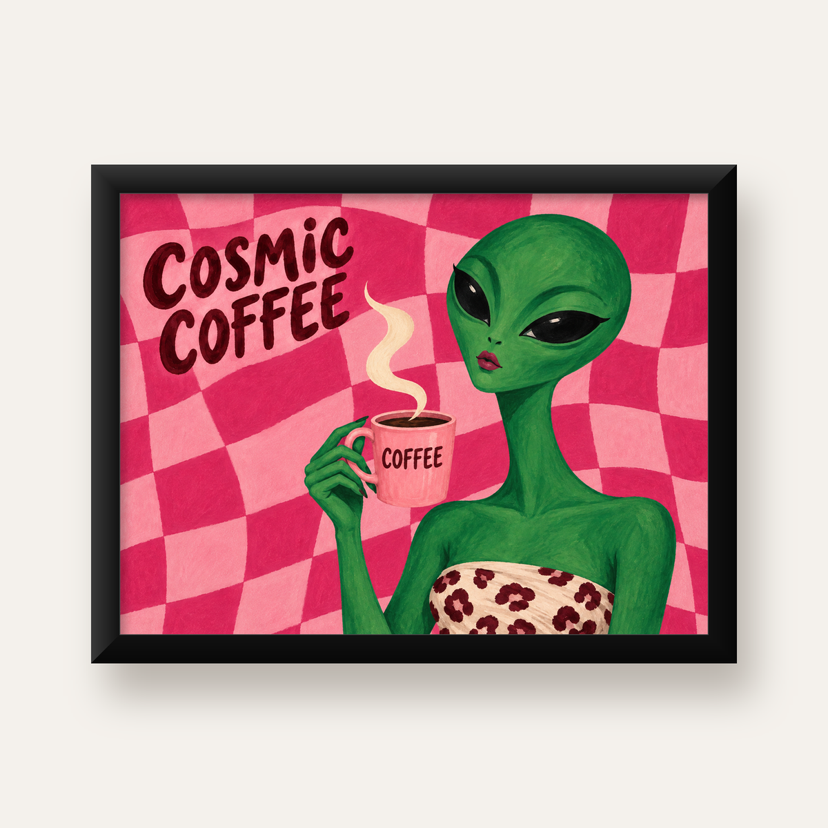 Cosmic Coffee Uzaylı Kahve Poster – Renkli İllüstrasyon Duvar Sanatı — Yatay baskı, düz siyah çerçeveli duvar posteri