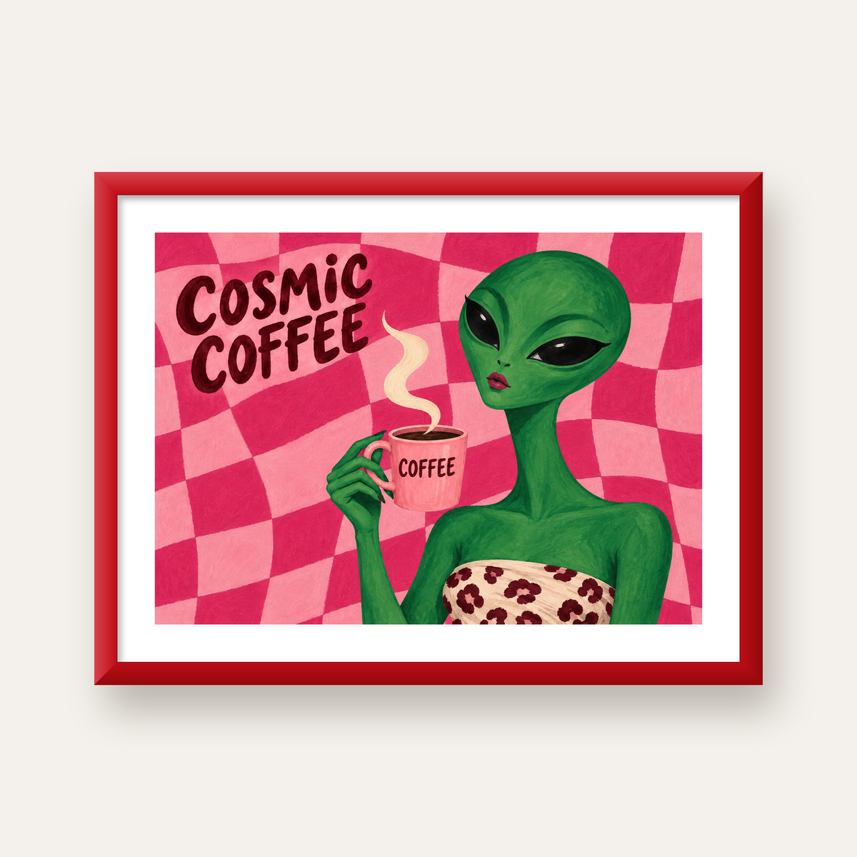 Cosmic Coffee Uzaylı Kahve Poster – Renkli İllüstrasyon Duvar Sanatı — kırmızı çerçeveli paspartulu