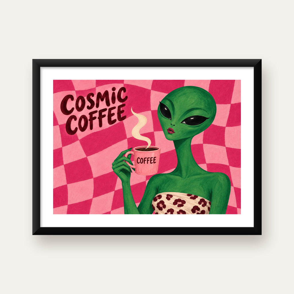 Cosmic Coffee Uzaylı Kahve Poster – Renkli İllüstrasyon Duvar Sanatı — Yatay baskı, beyaz paspartulu