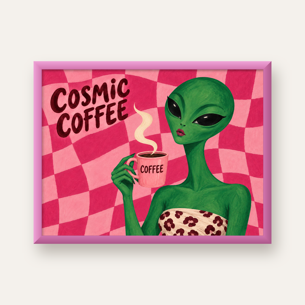 Cosmic Coffee Uzaylı Kahve Poster – Renkli İllüstrasyon Duvar Sanatı — pembe çerçeveli