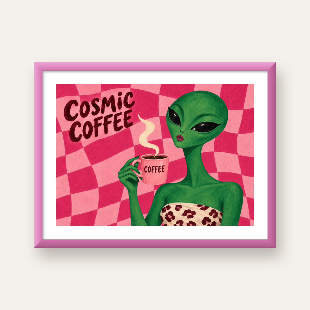 Cosmic Coffee Uzaylı Kahve Poster – Renkli İllüstrasyon Duvar Sanatı — pembe çerçeveli paspartulu