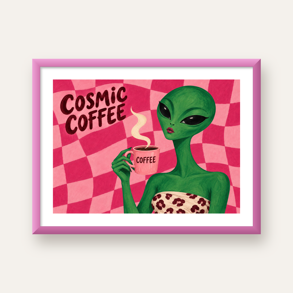 Cosmic Coffee Uzaylı Kahve Poster – Renkli İllüstrasyon Duvar Sanatı — pembe çerçeveli paspartulu