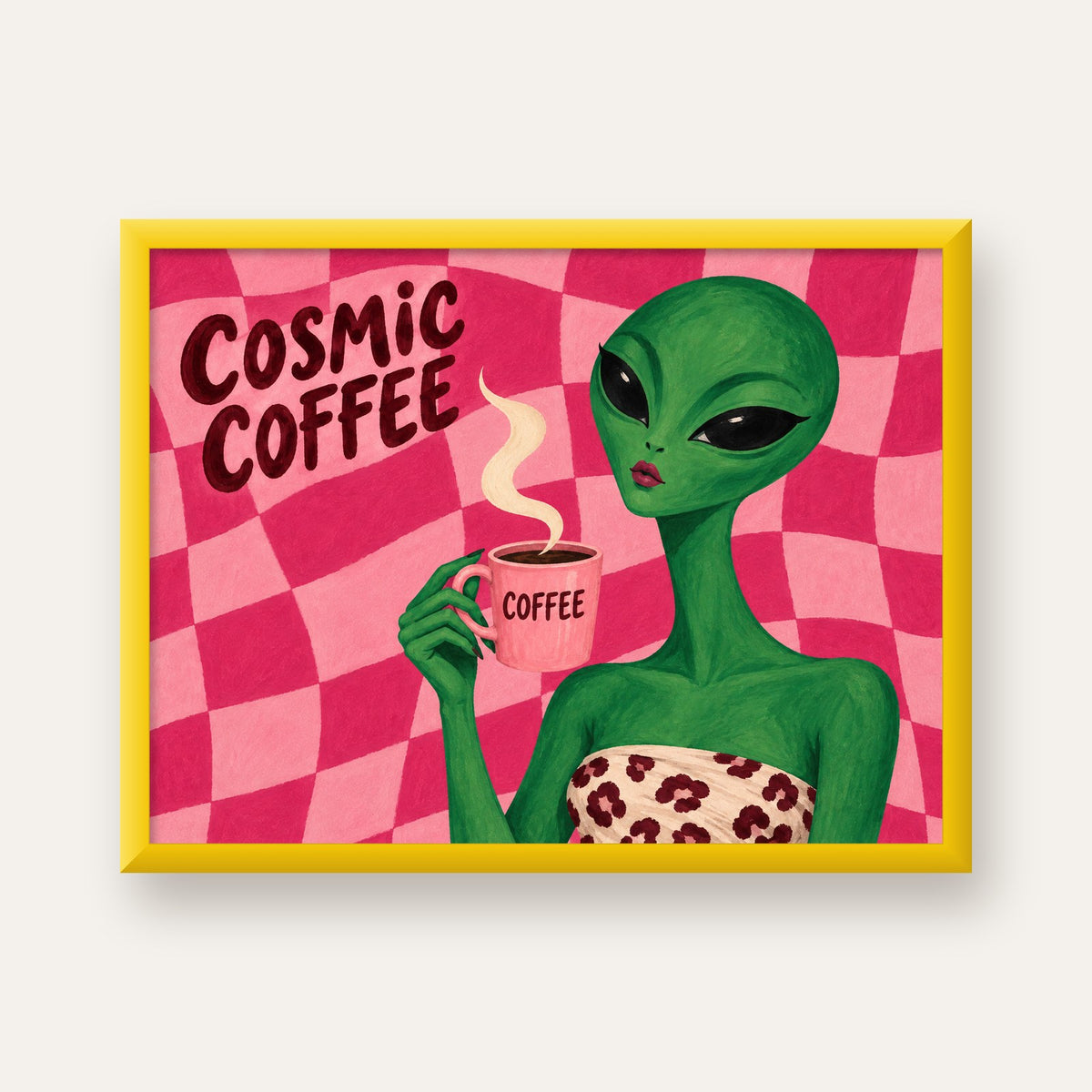 Cosmic Coffee Uzaylı Kahve Poster – Renkli İllüstrasyon Duvar Sanatı — sarı çerçeveli