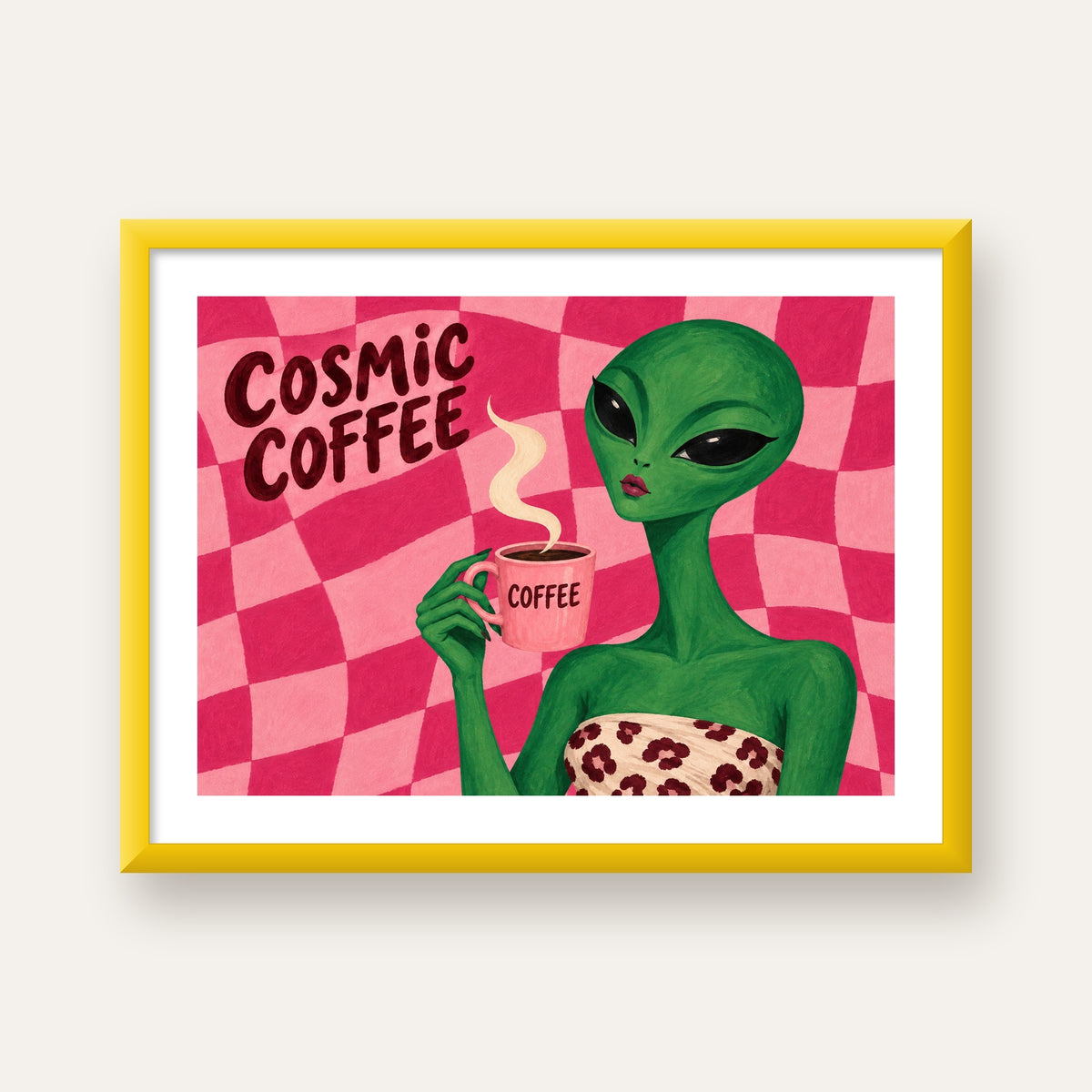 Cosmic Coffee Uzaylı Kahve Poster – Renkli İllüstrasyon Duvar Sanatı — sarı çerçeveli paspartulu