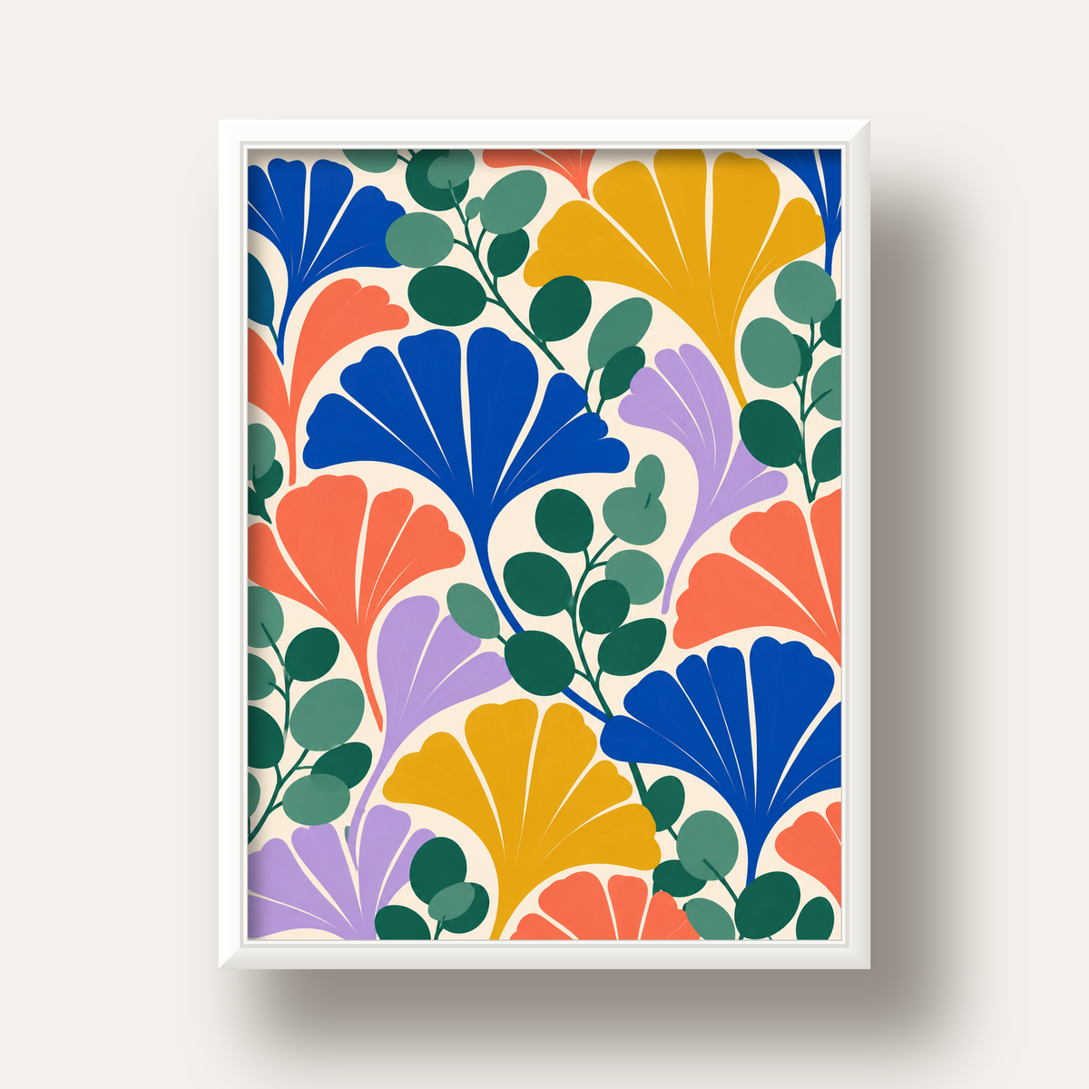 Renkli Modern Yaprak Desenli Dijital Poster – Dekoratif Sanat — beyaz derin çerçeveli