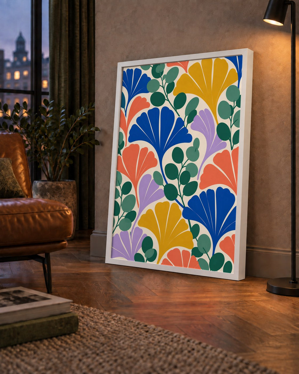 Renkli Modern Yaprak Desenli Dijital Poster – Dekoratif Sanat — çerçeveli hâliyle bir ev duvarında