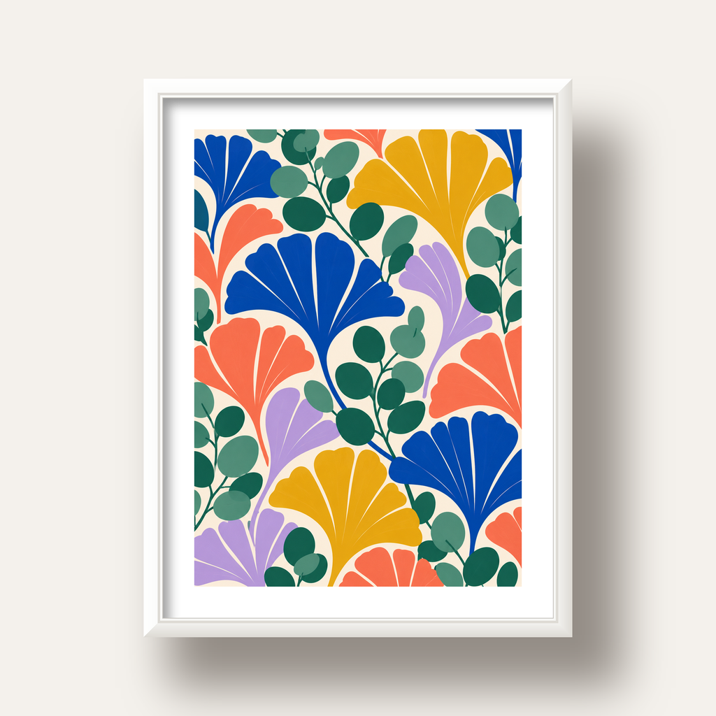 Renkli Modern Yaprak Desenli Dijital Poster – Dekoratif Sanat — beyaz derin çerçeveli paspartulu