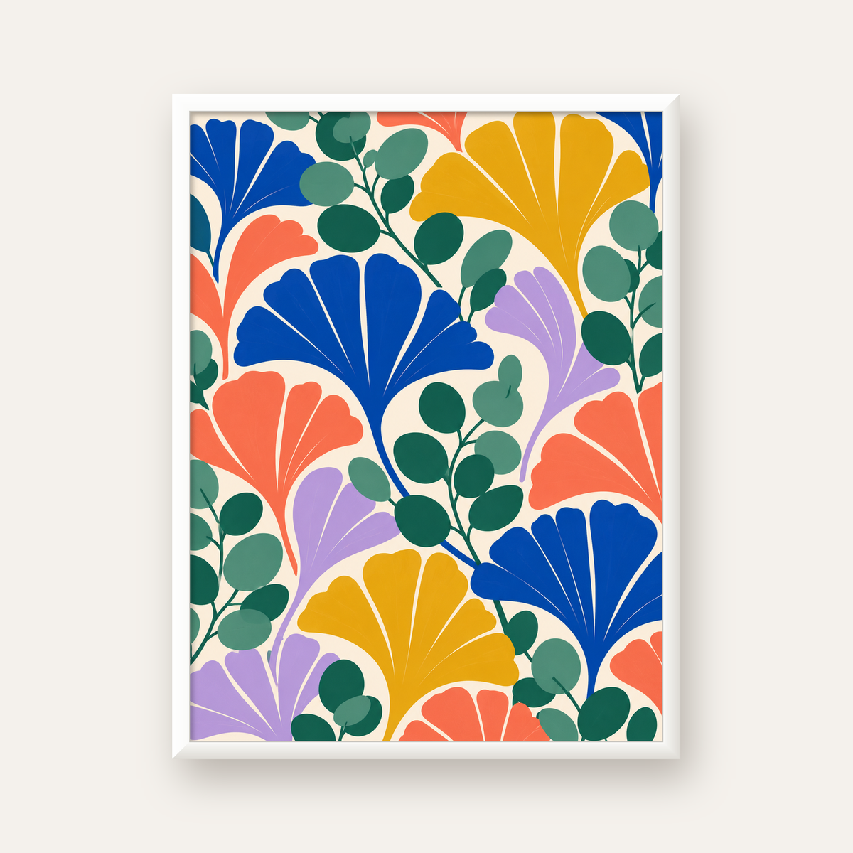 Renkli Modern Yaprak Desenli Dijital Poster – Dekoratif Sanat — beyaz çerçeveli dikey poster
