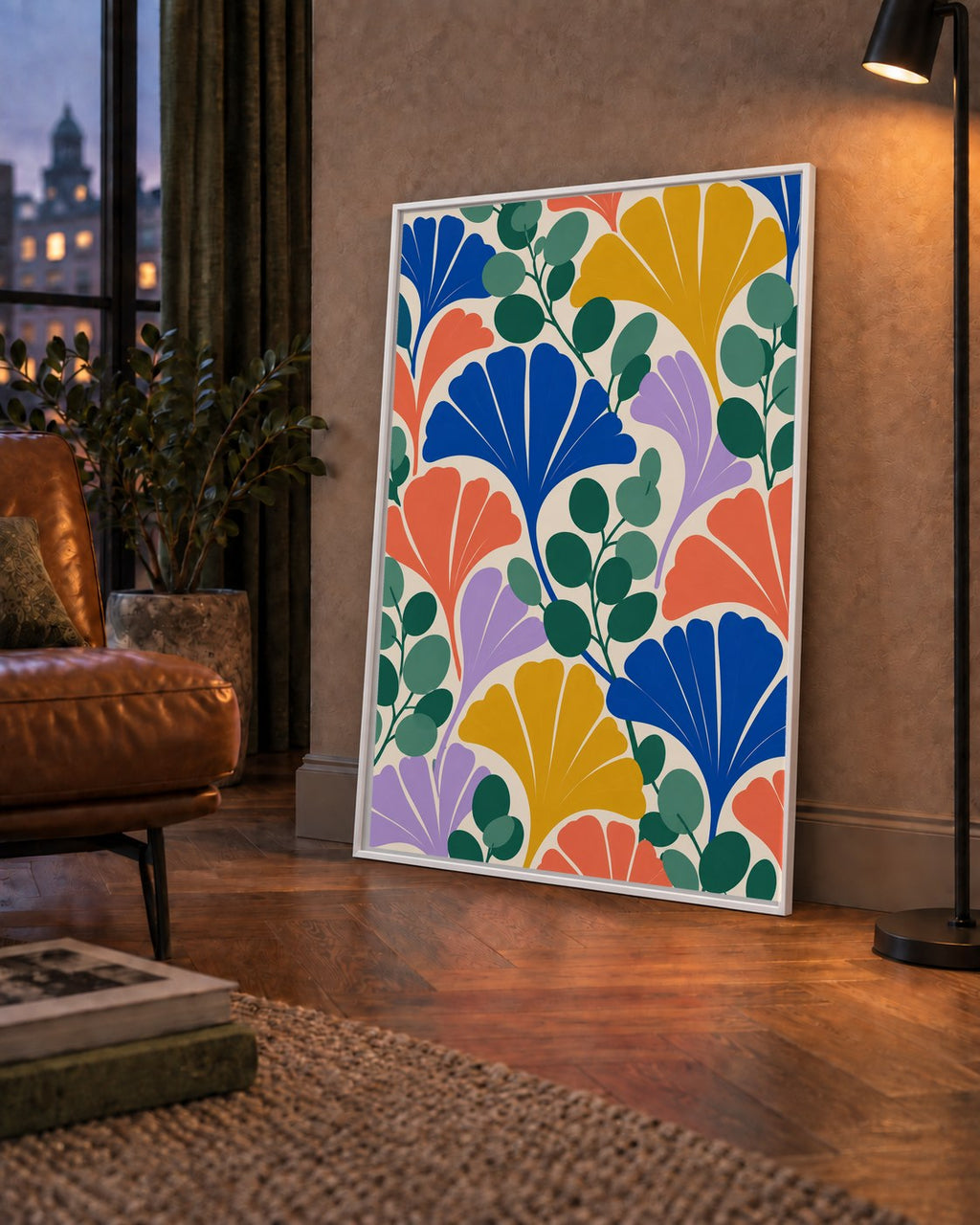 Renkli Modern Yaprak Desenli Dijital Poster – Dekoratif Sanat — çerçeveli hâliyle bir ev duvarında