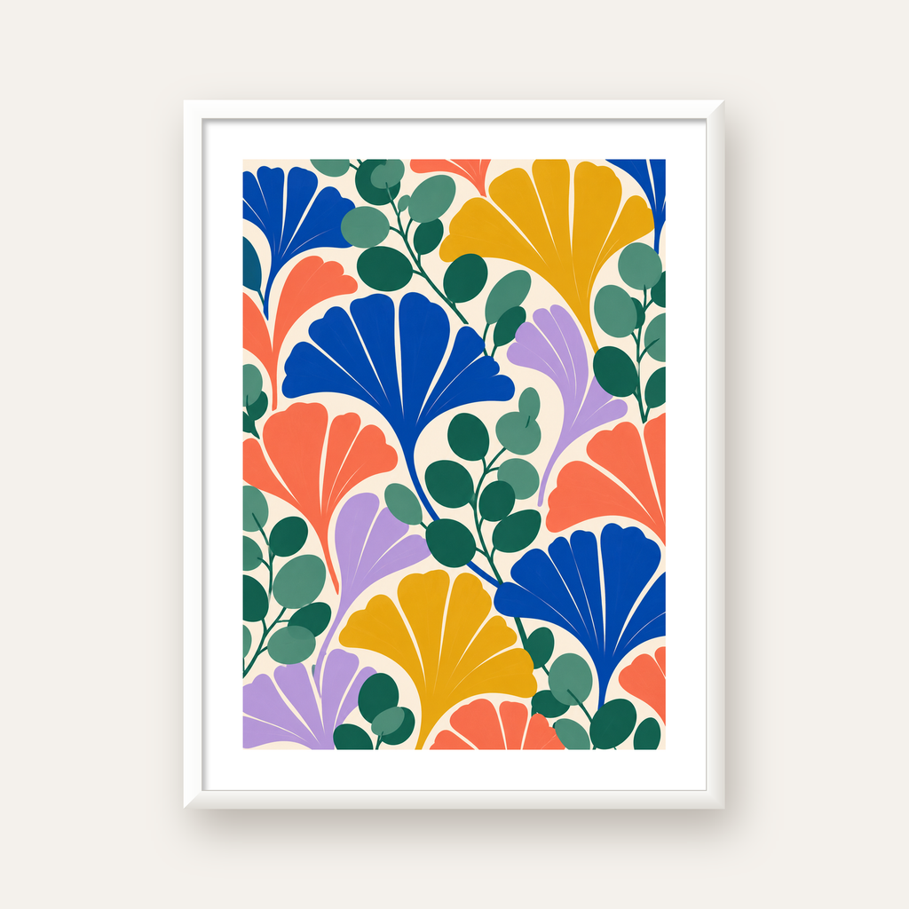 Renkli Modern Yaprak Desenli Dijital Poster – Dekoratif Sanat — beyaz çerçeveli dikey poster