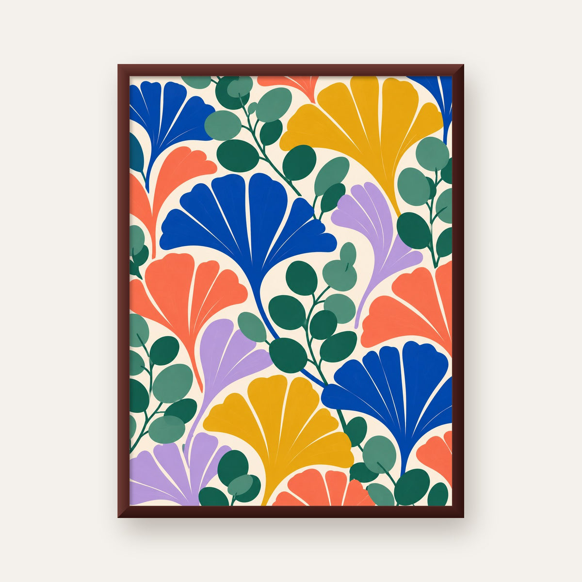 Renkli Modern Yaprak Desenli Dijital Poster – Dekoratif Sanat — ceviz çerçeveli