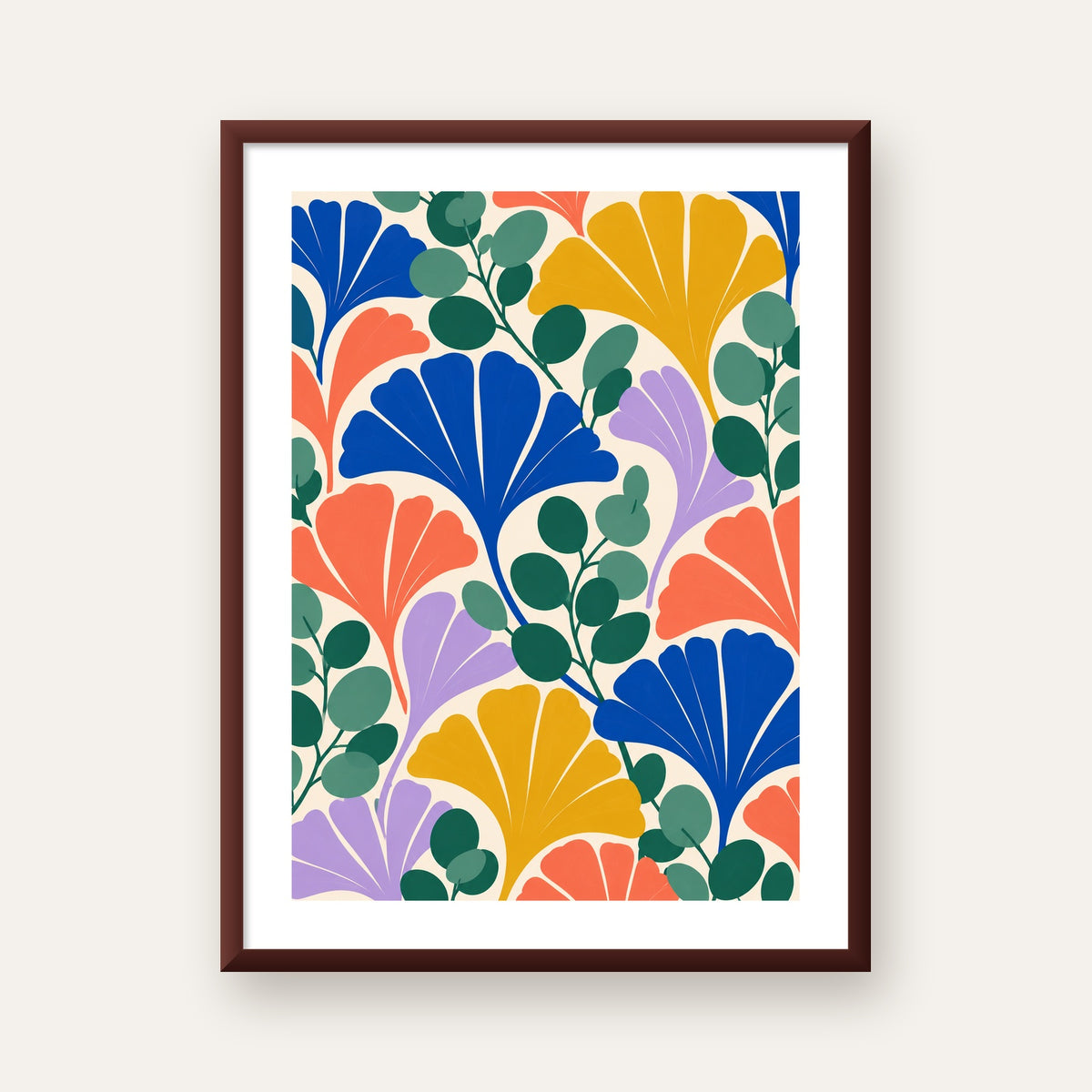 Renkli Modern Yaprak Desenli Dijital Poster – Dekoratif Sanat — ceviz çerçeveli paspartulu