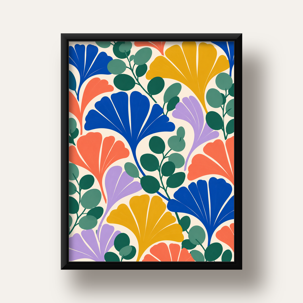 Renkli Modern Yaprak Desenli Dijital Poster – Dekoratif Sanat — siyah derin çerçeveli