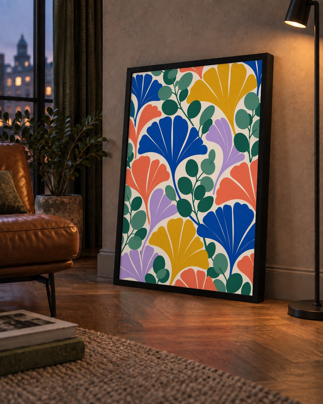 Renkli Modern Yaprak Desenli Dijital Poster – Dekoratif Sanat — çerçeveli hâliyle bir ev duvarında