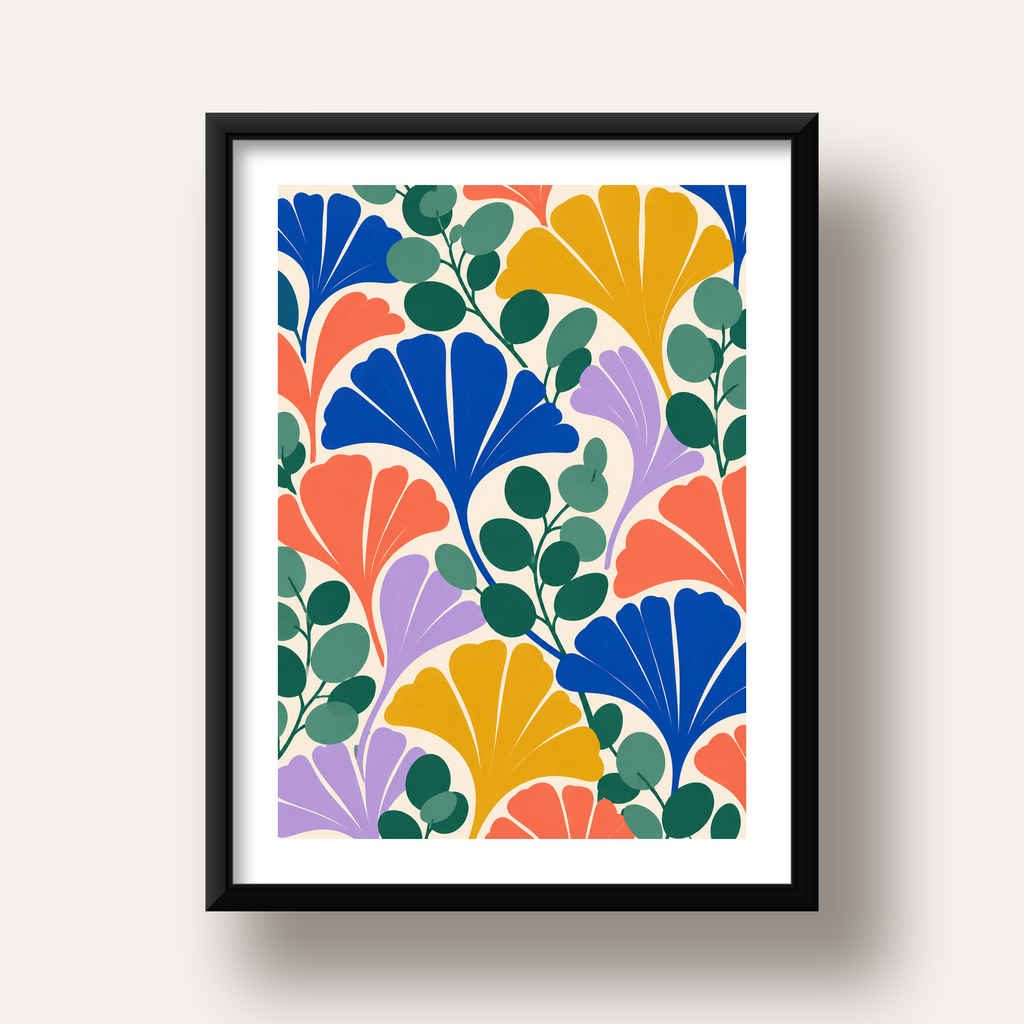 Renkli Modern Yaprak Desenli Dijital Poster – Dekoratif Sanat — siyah derin çerçeveli paspartulu