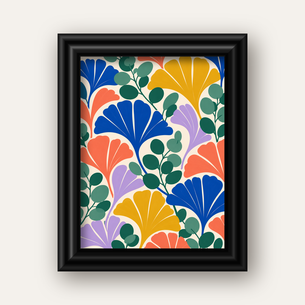 Renkli Modern Yaprak Desenli Dijital Poster – Dekoratif Sanat — siyah galeri çerçeveli