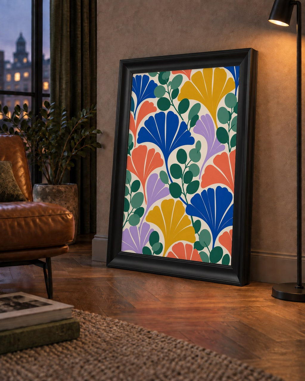Renkli Modern Yaprak Desenli Dijital Poster – Dekoratif Sanat — çerçeveli hâliyle bir ev duvarında