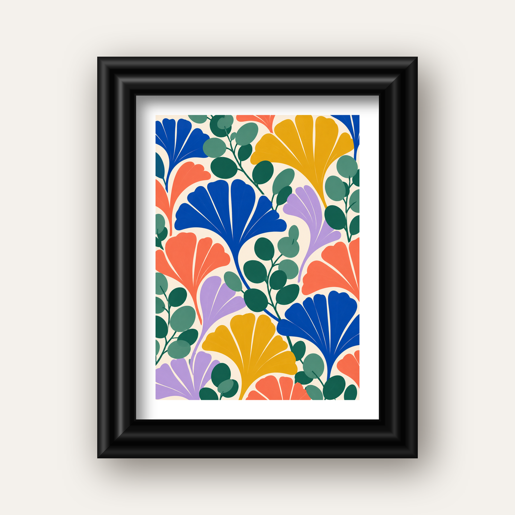 Renkli Modern Yaprak Desenli Dijital Poster – Dekoratif Sanat — siyah galeri çerçeveli paspartulu