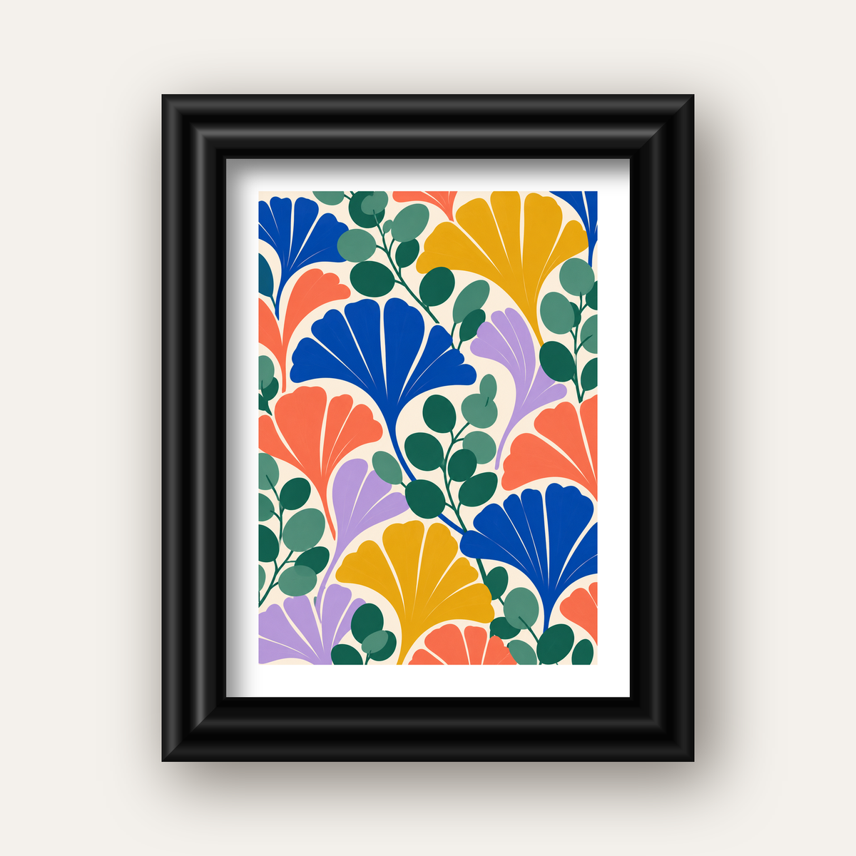 Renkli Modern Yaprak Desenli Dijital Poster – Dekoratif Sanat — siyah galeri çerçeveli paspartulu