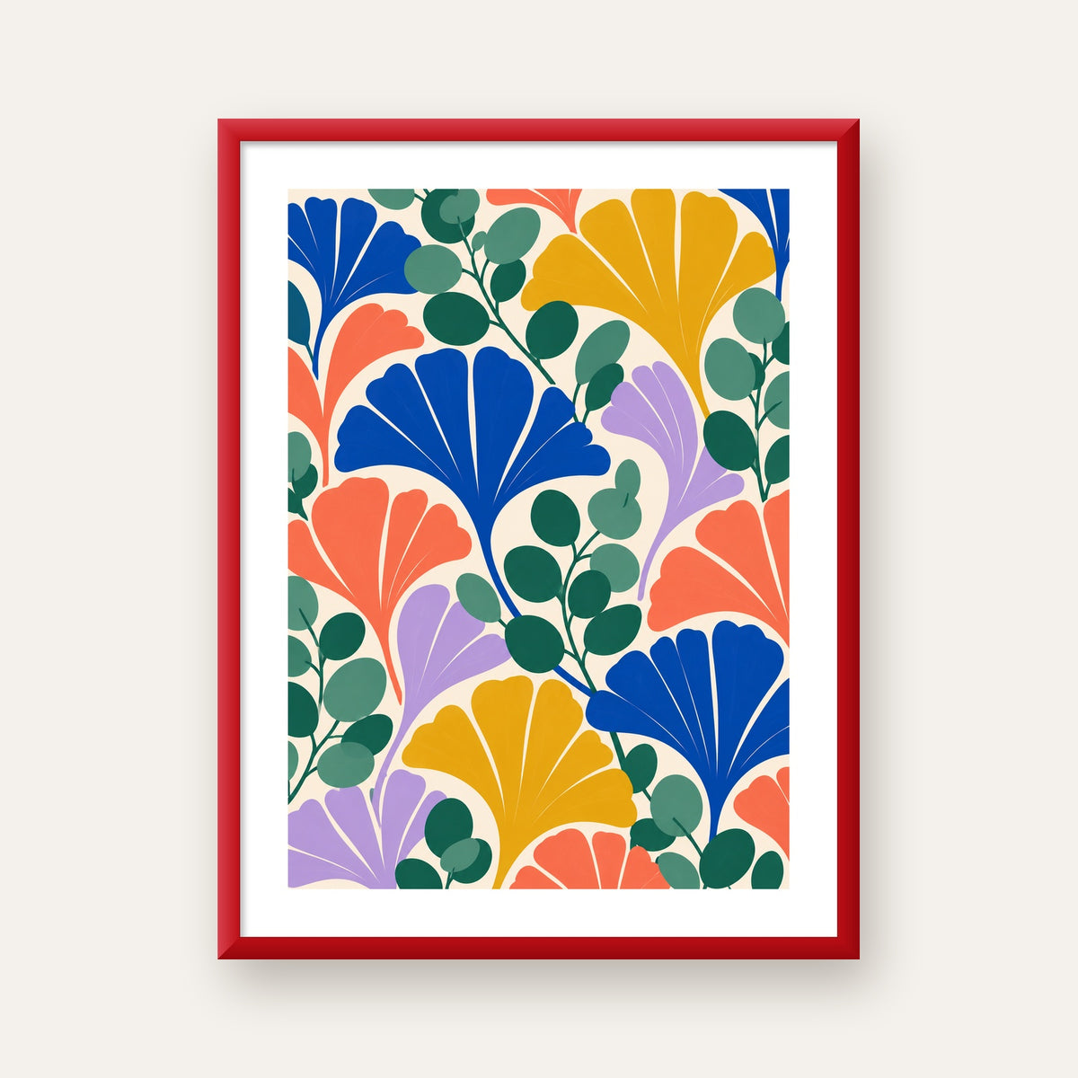 Renkli Modern Yaprak Desenli Dijital Poster – Dekoratif Sanat — kırmızı çerçeveli paspartulu