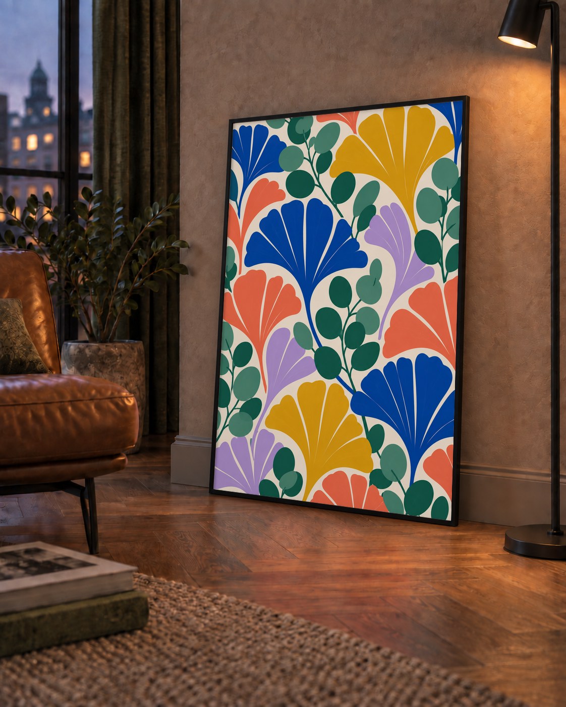Renkli Modern Yaprak Desenli Dijital Poster – Dekoratif Sanat — çerçeveli hâliyle bir ev duvarında