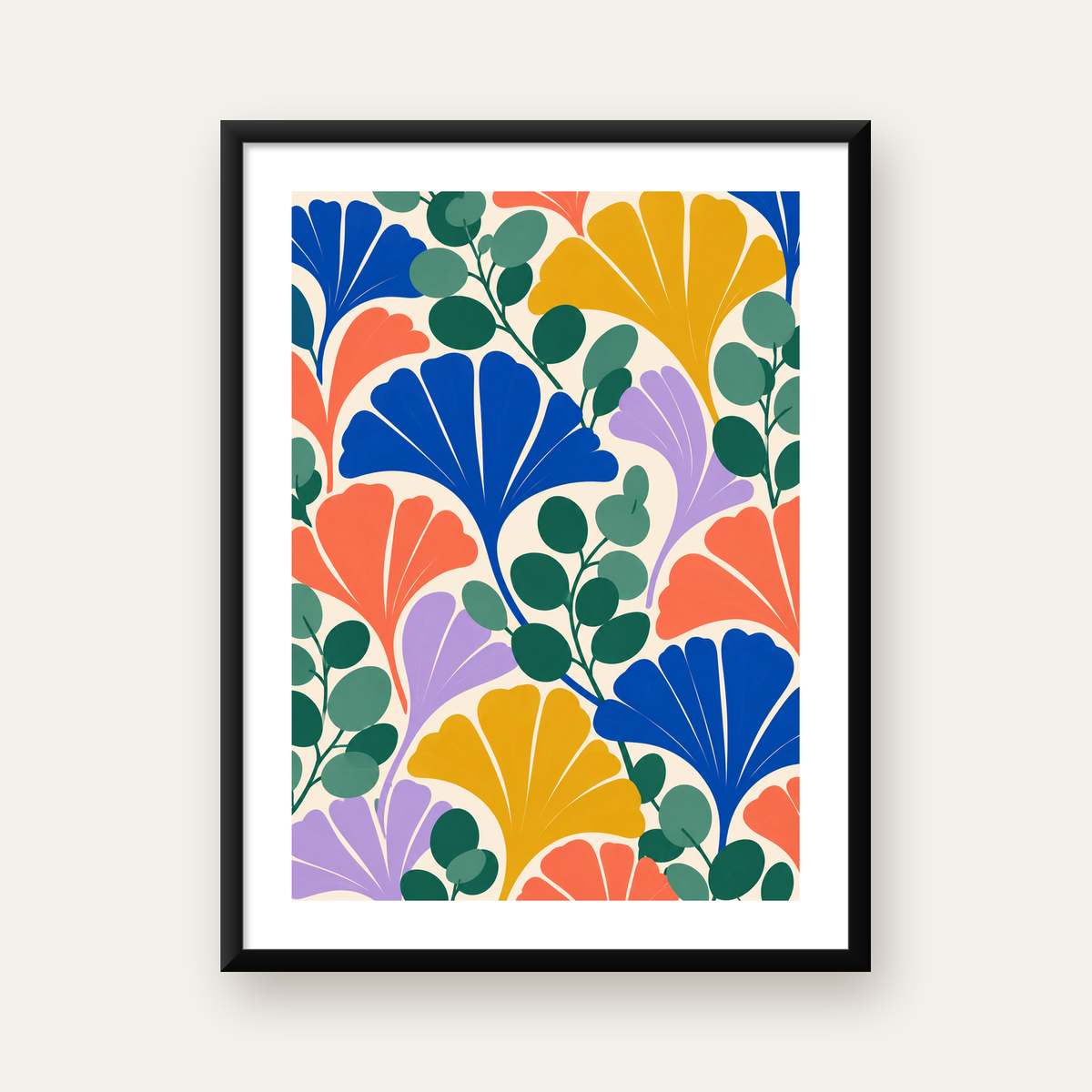 Renkli Yaprak Desenli Modern Dijital Poster Sanat Baskısı — Dikey baskı, beyaz kenar boşluklu