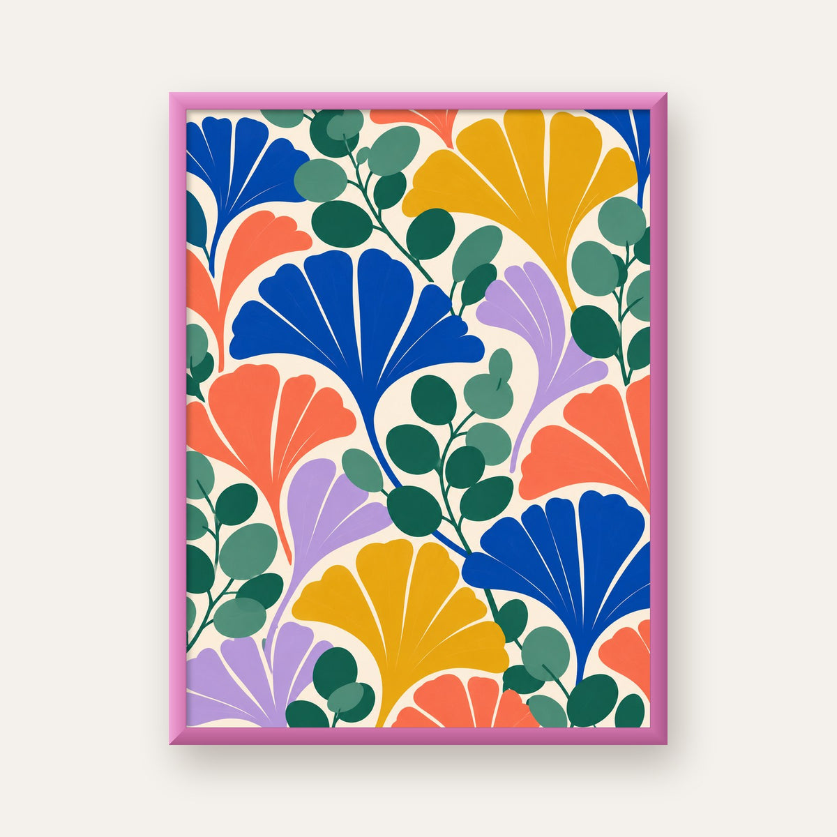 Renkli Modern Yaprak Desenli Dijital Poster – Dekoratif Sanat — pembe çerçeveli