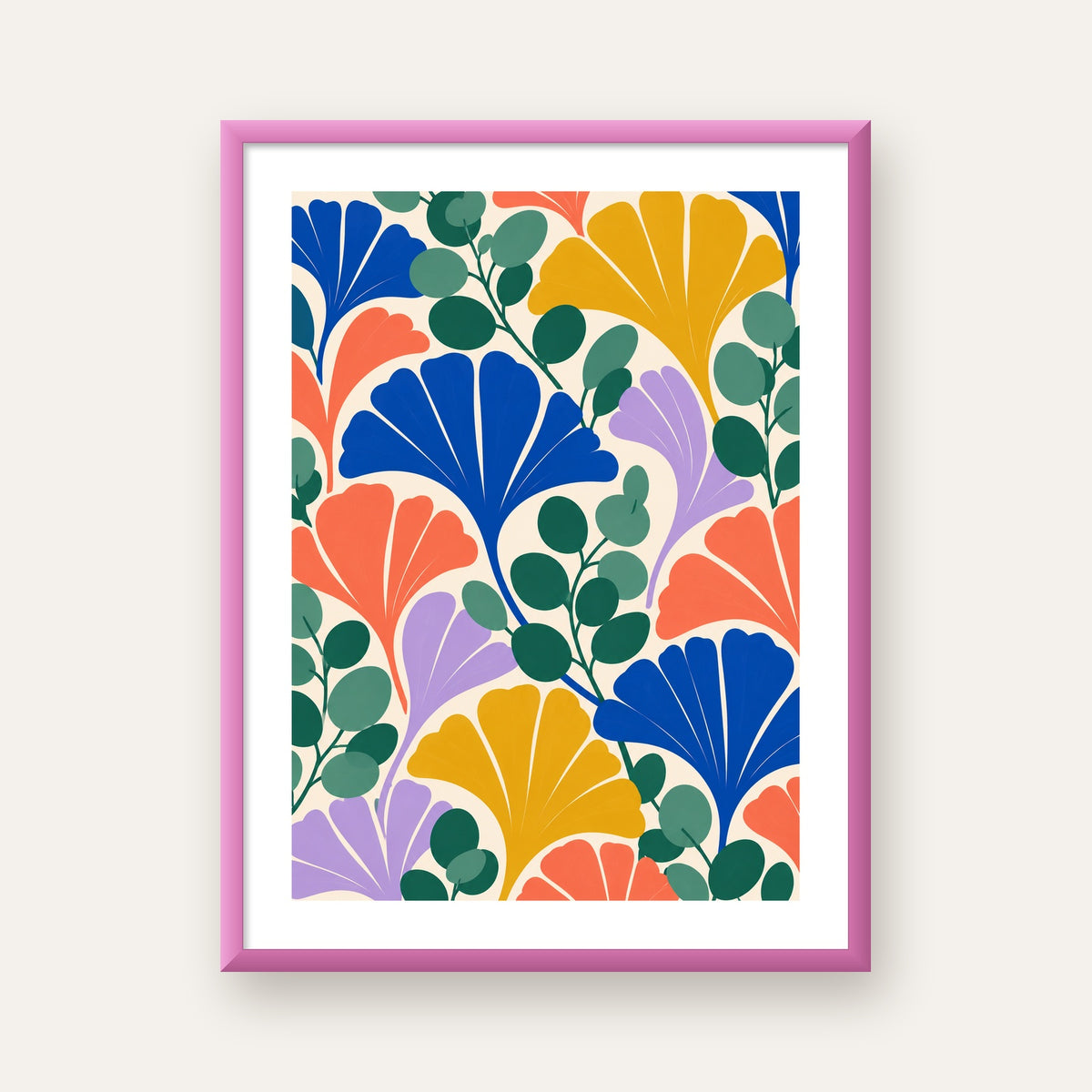 Renkli Modern Yaprak Desenli Dijital Poster – Dekoratif Sanat — pembe çerçeveli paspartulu