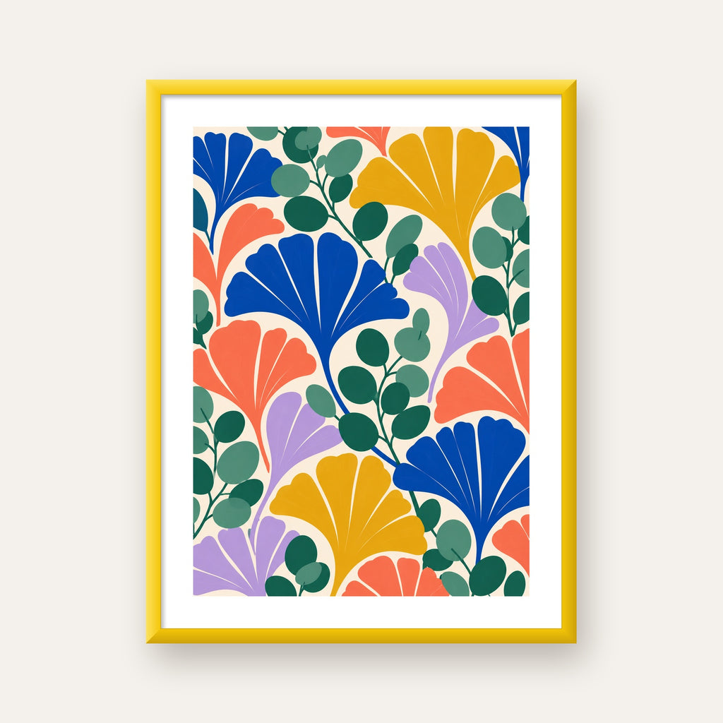 Renkli Modern Yaprak Desenli Dijital Poster – Dekoratif Sanat — sarı çerçeveli paspartulu