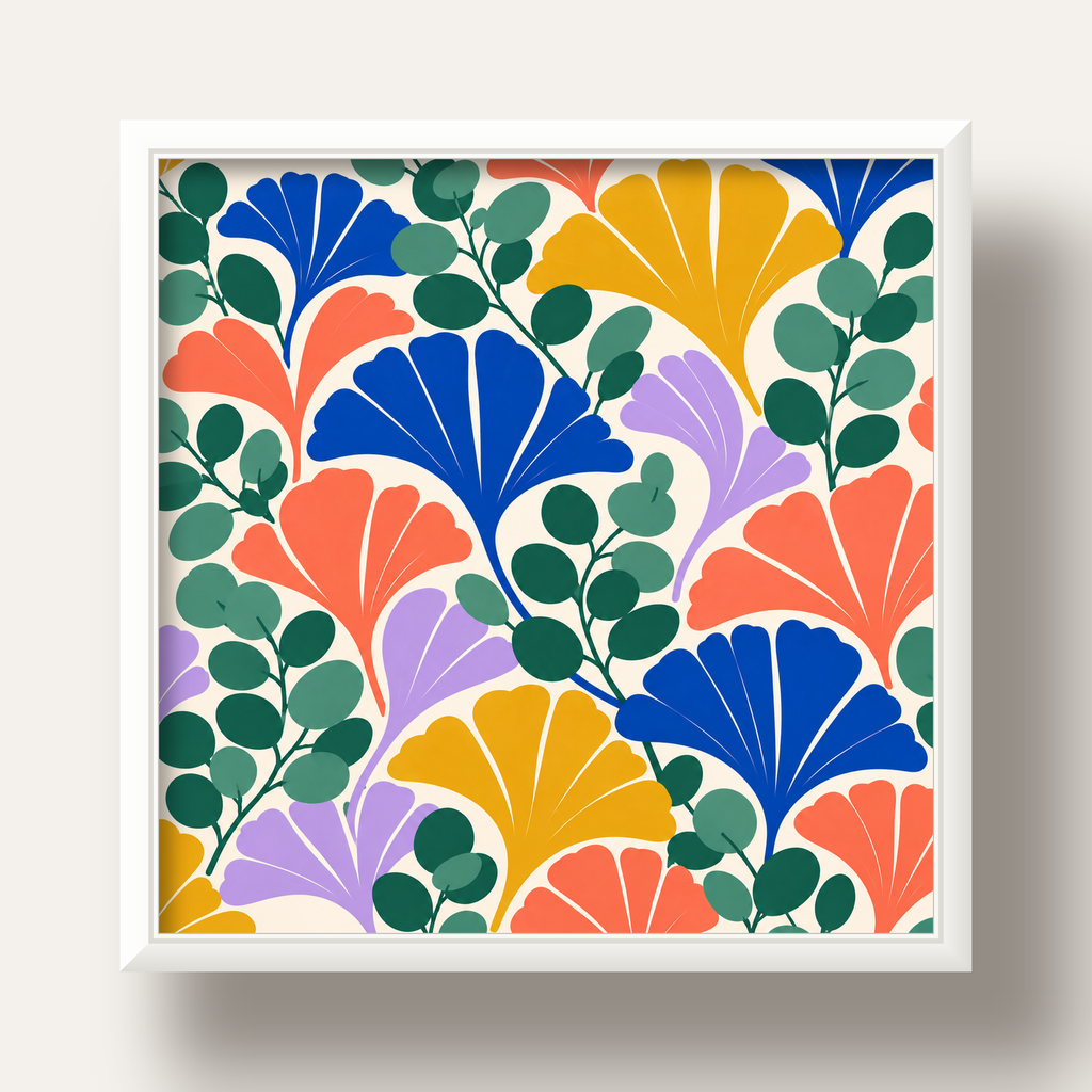 Renkli Modern Yaprak Desenli Dijital Poster – Dekoratif Sanat — beyaz derin çerçeveli